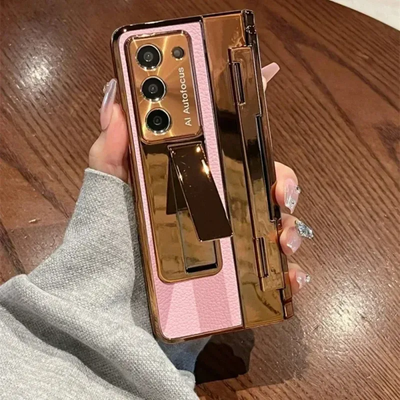 Plating Gloss Leathe Phone Case Fo Samsung Galaxy Z Fold 7 6 5 4 3 Hinge Desktop Kickstand Anti-Dop Potect Back_voghion.com