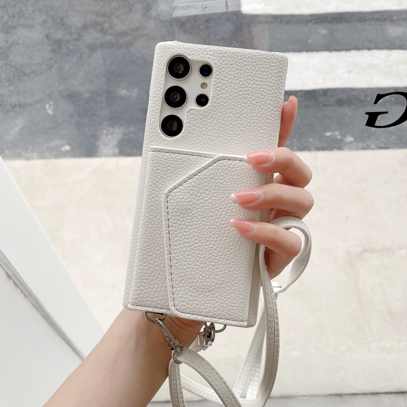 Mobile phone case for Samsung S23 litchi pattern card insert beauty mirror diagonal mobile phone case S21/S22/A52 cross-border model for women_voghion.com