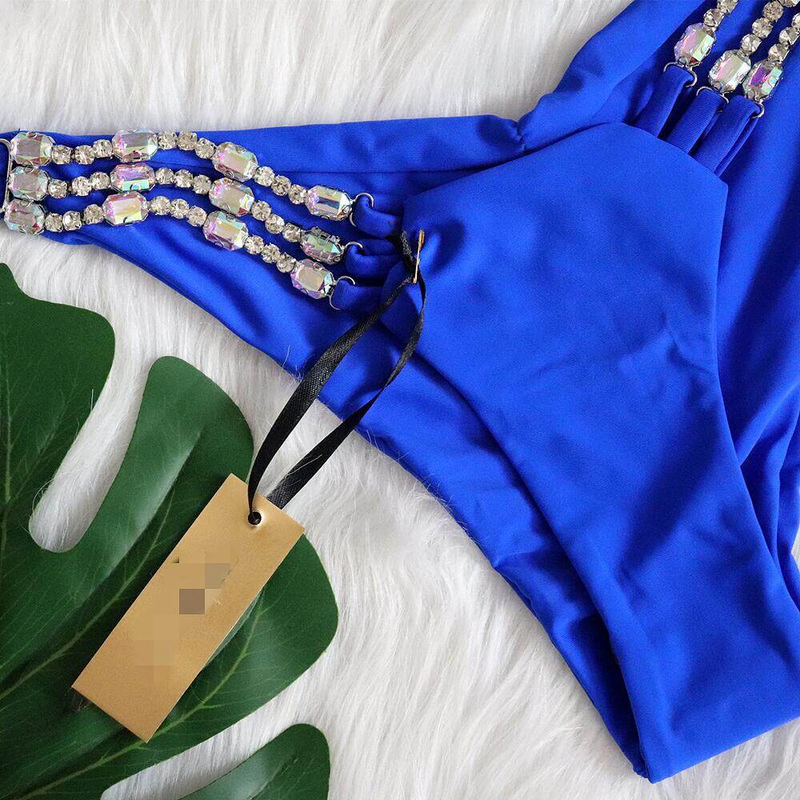 Happybuyner női nyári fürdőruha 2 DB strasszos fém kiegészítők kötőfék melltartó + alacsony derékú kivágott rövidnadrág strandruha_voghion.com