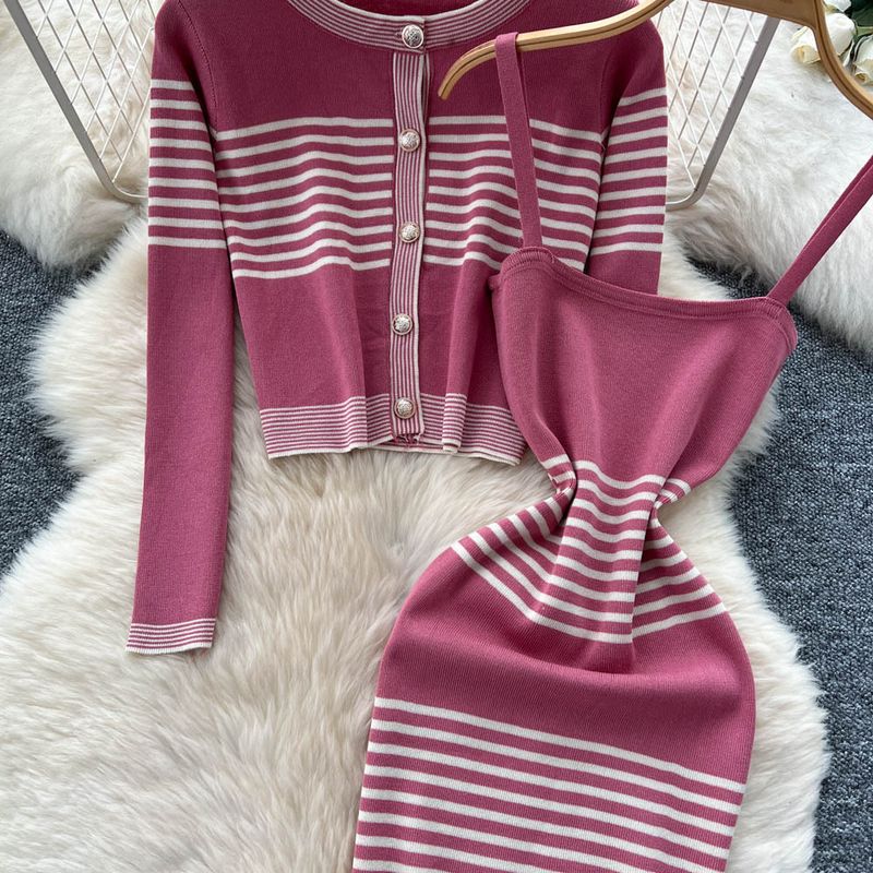 Elegant Contrast-Color Knit Cardigan Set With Waist Suspenders & Hip Dress - Autumn Fashion Outfit For Women_voghion.com