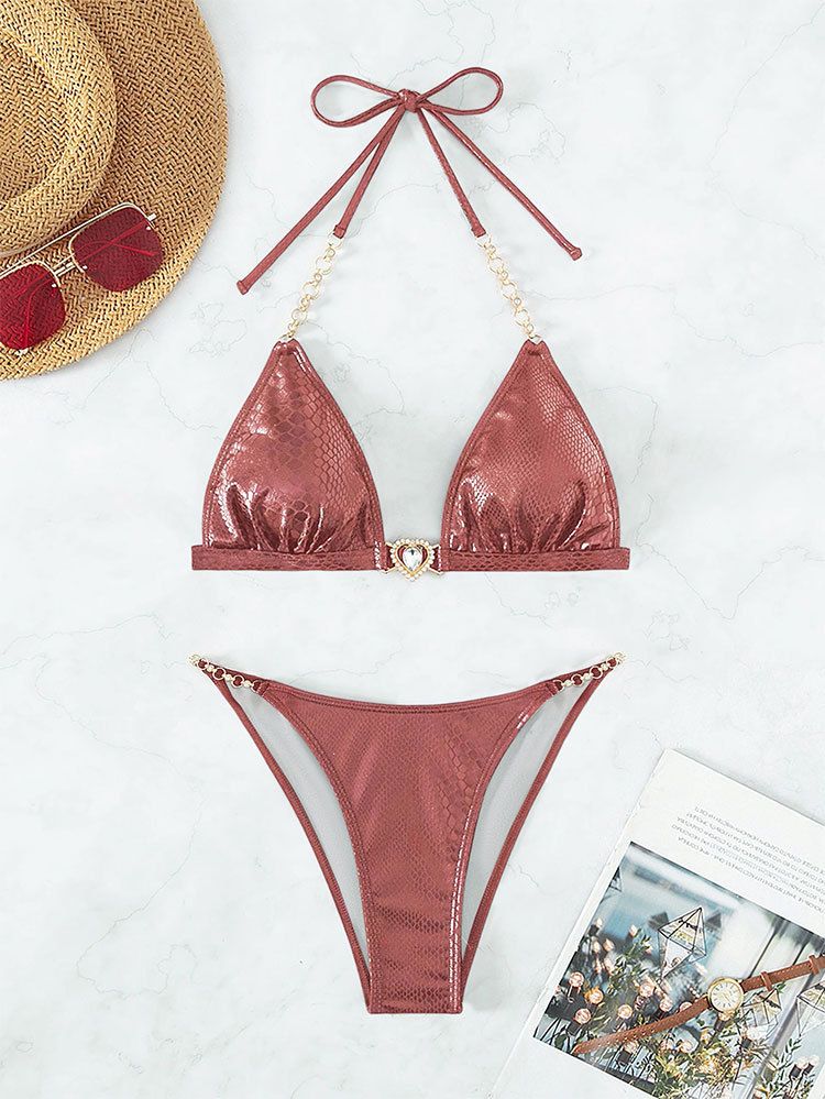 Sexigt bikiniset med snörning för kvinnor - Enfärgade bronsfärgade badkläder för strand och pool_voghion.com