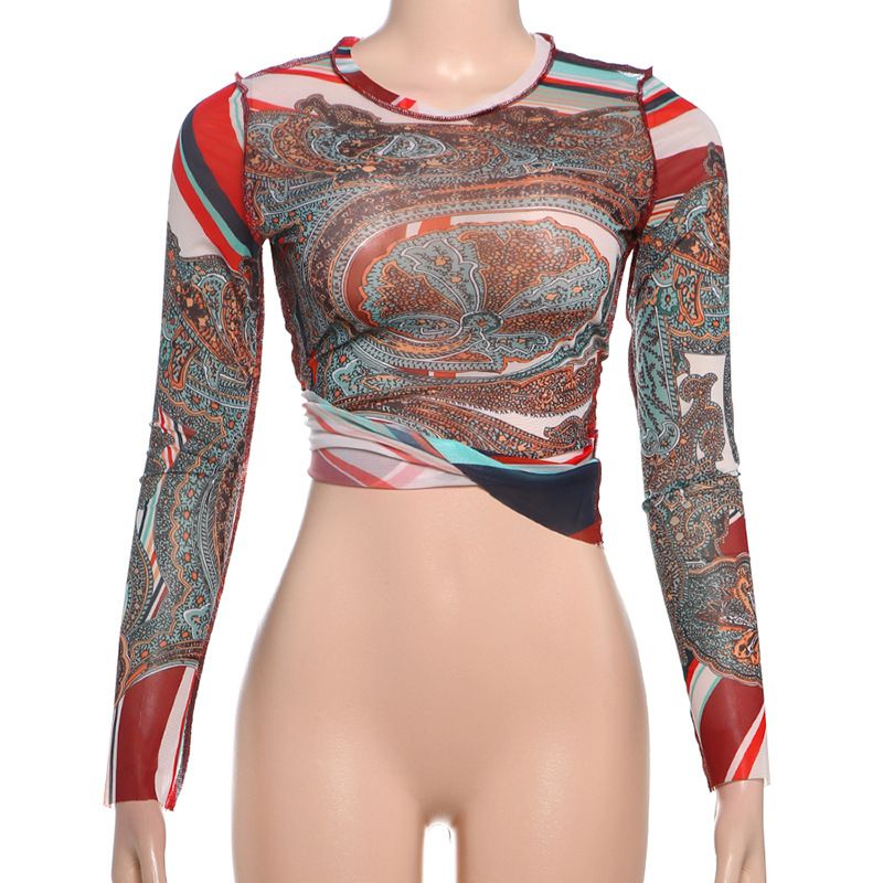 T-shirt slim à manches longues et col mi-haut pour femme, imprimé abstrait, coupe ajustée_voghion.com