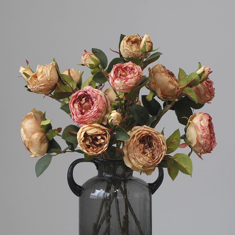 Silk flower artificial flower retro 3-head happy rose European style oil painting color dry withered roasted edge photography props burnt edge_voghion.com