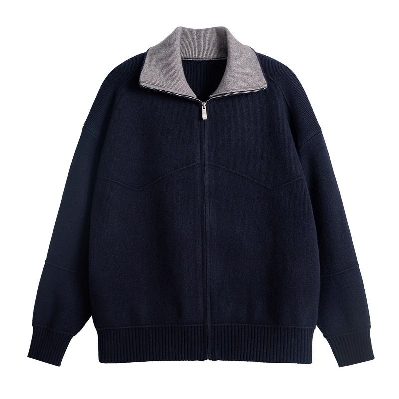 Cardigan d'hiver zippé pour homme – Veste à revers en tricot épais, doublure polaire chaude, style décontracté (bleu marine/abricot, M-3XL)_voghion.com