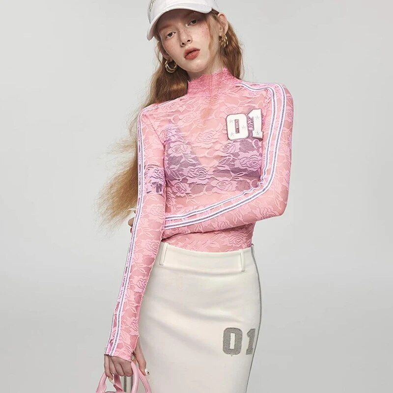 BUILDINGB Top sportivo con collo alto, manica lunga, cucito, con ricamo a lettere in pizzo, patchwork, traforato e trasparente, rosa Y2K_voghion.com