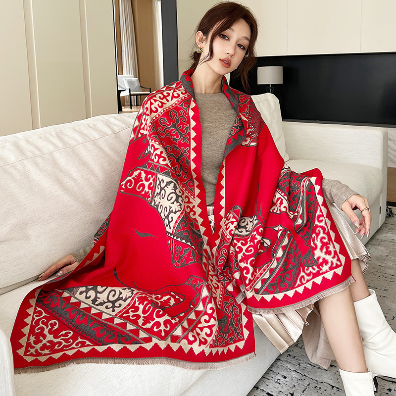 Sciarpa in cashmere imitazione moda pony temperamento donna per donna inverno stampa fronte-retro scialle ispessito resistente al freddo e abbigliamento esterno sciarpa_voghion.com