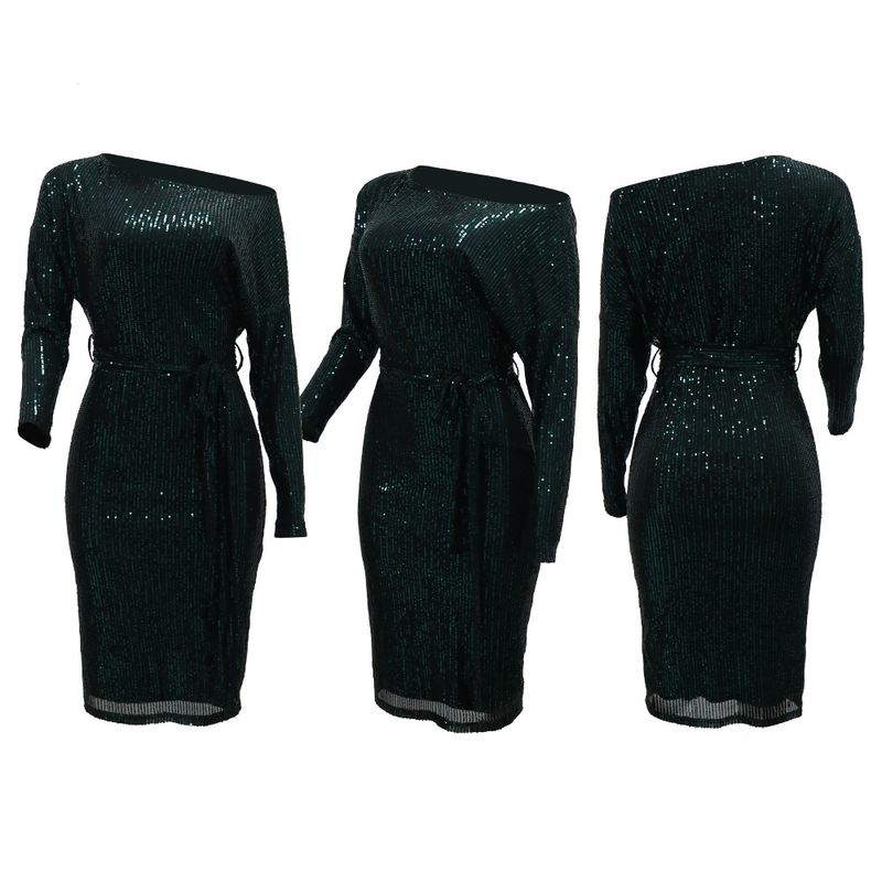 Schulterfreies Wickelkleid mit Pailletten – Glamour-Kleid mit langen Ärmeln (S–XXL, Stretch-Polyester, Smaragdgrün und Nude, für Feiertagspartys und Verabredungen am Abend)_voghion.com