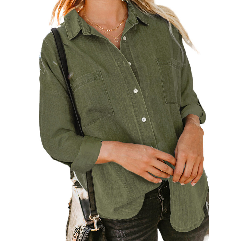 Camicia in denim da donna, camicia da cappotto casual all-match a maniche lunghe con doppia tasca ampia_voghion.com