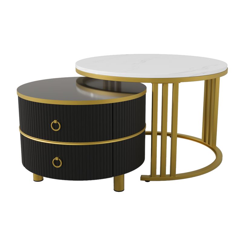 Table basse ronde 2 en 1 en MDF, table d'appoint avec plateau brillant et 1 plateau en marbre blanc, ensemble de table basse de salon avec 2 tiroirs, 70 x 70 x 46 cm + 50 x 50 x 40 cm_voghion.com