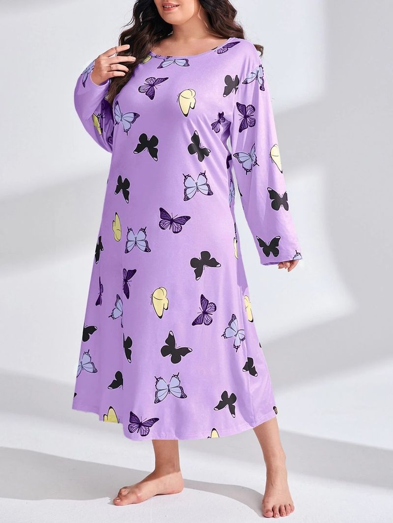 Damenbekleidung Langärmliges Nachthemdkleid mit Schmetterlings- und Herz-Leopardenmuster, überschnittener Schulter, großer Größe_voghion.com