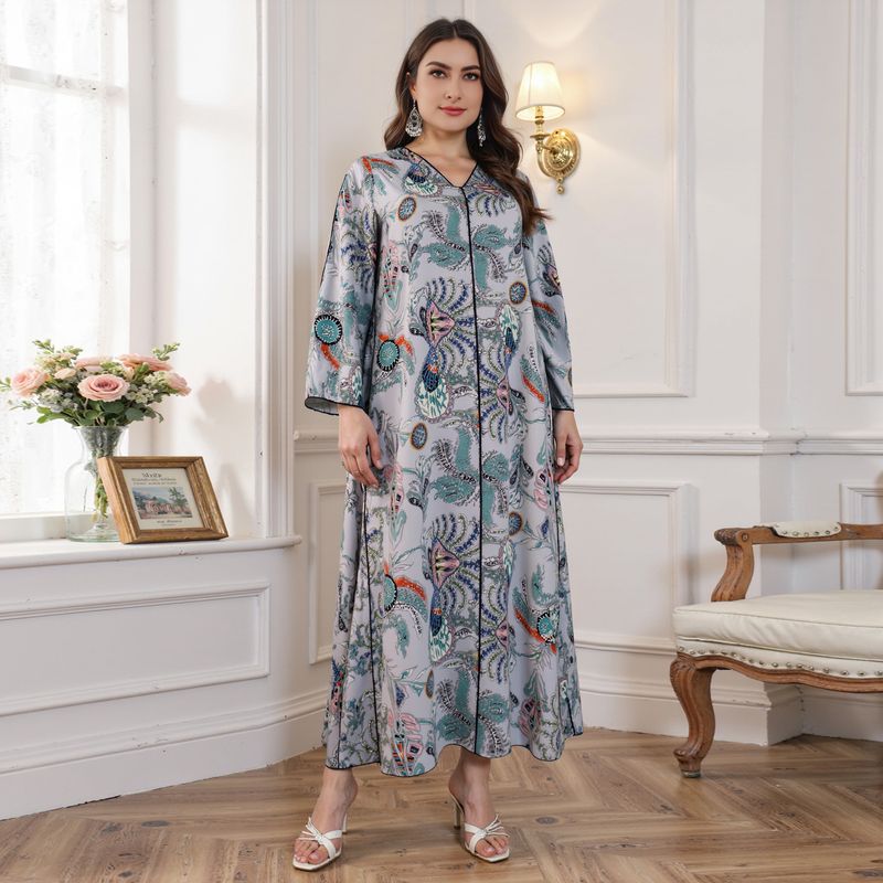 Muslim Plus Size Printed Dress Abaya Women's Robe_voghion.com