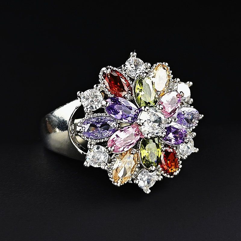 Copper Inlaid Colorful Fashionable Versatile Elegant Zircon Flower Ring_voghion.com