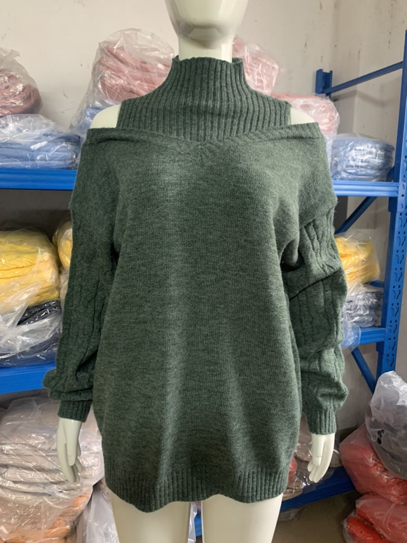 Damenmode, schulterfreier, halber Rollkragenpullover, locker gestrickt_voghion.com