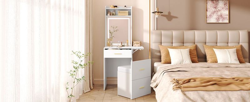 Small Vanity Desk With Mirror And Light, Dressing Table With Charging Station & Fold-up Panel For Small Space, Compact Makeup Vanity Set With Hidden Stool For Bedroom, White_voghion.com