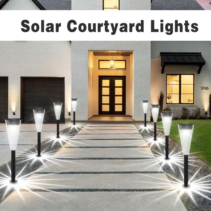 Lampes solaires LED d'extérieur – 10 W, éclairage décoratif blanc pour allée, cour, pelouse et terrasse (ABS, étanche IP65, intensité variable, stock UE)_voghion.com
