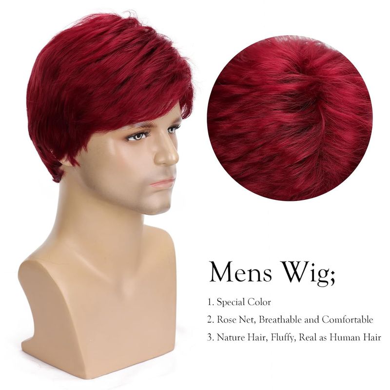 Synthetic Clip-in New Wig Men's Fashionable Chemical Fiber Short Wig Red Side Parted Short Straight Hair_voghion.com