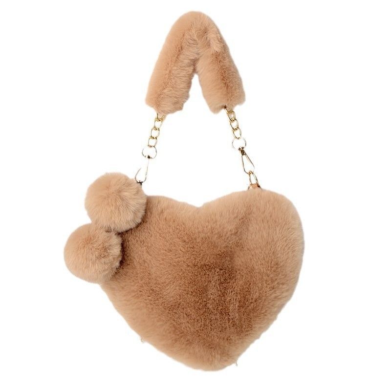 Süße Herzform für Damen, Pelzkettenhandtasche, Pfirsich-Herz-Umhängetasche für Kinder, Plüschtasche_voghion.com