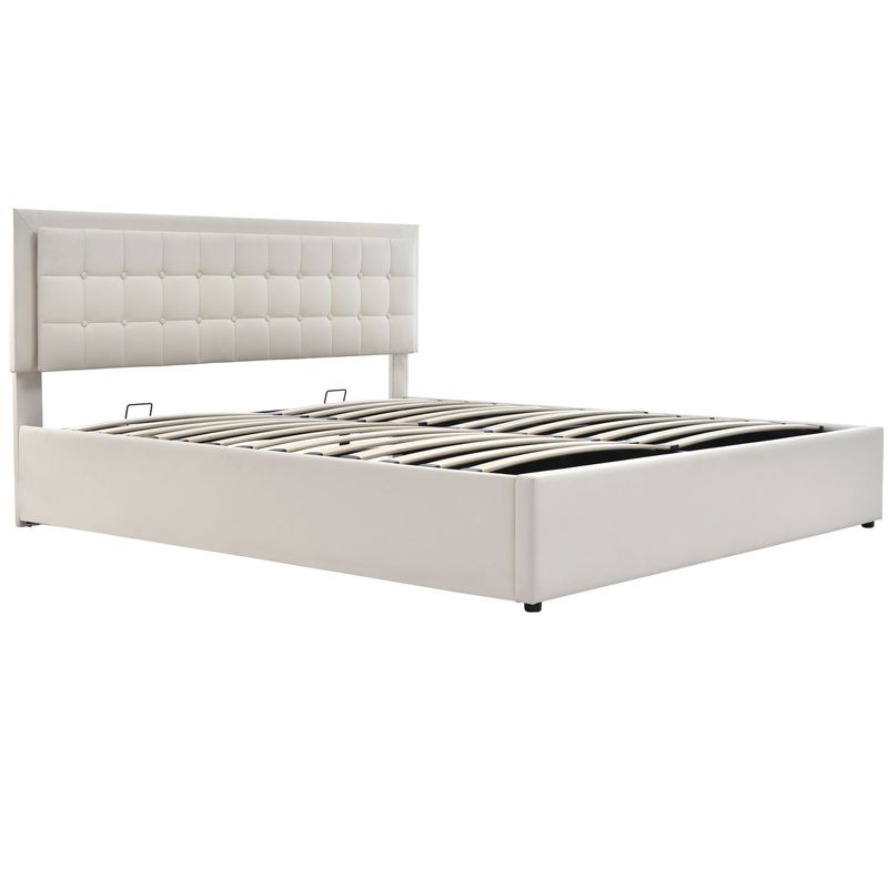 Lit queen size avec bande lumineuse LED, sommier à lattes et rangement, cadre de lit 140 x 200 cm, matelas inclus_voghion.com