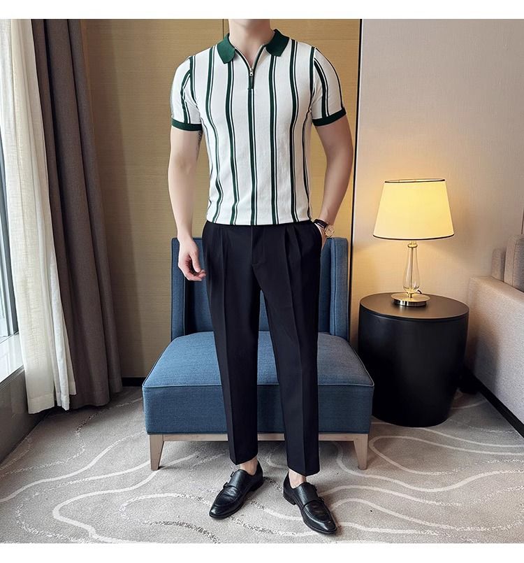 Abbigliamento maschile Polo da uomo in seta lavorata a maglia di alta qualità, a maniche corte, stile estivo, alla moda, a righe, con cerniera_voghion.com
