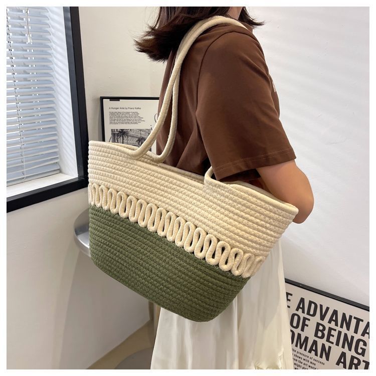 Borsa da spiaggia estiva in paglia stile francese, con tracolla singola, in cotone intrecciato, nuova e capiente, per le donne_voghion.com