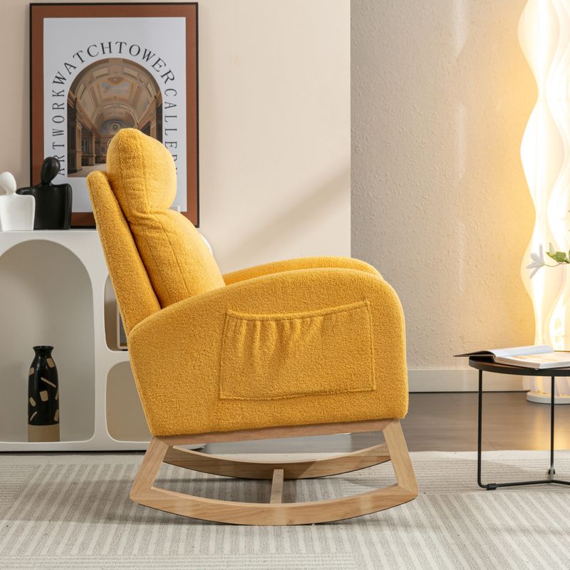 Schaukelstuhl, Mid Century Modern, Teddystoff, Gepolstert, Sitzfläche Gepolstert, Für Wohnzimmer Und Schlafzimmer, Hellgrau_voghion.com