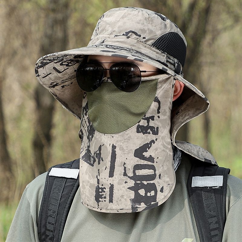 Moderigtig Herre Solhat med Sjalslør Camouflage Sommer Sandforebyggelse Åndbar Stor Skygge Spandhat Vandtæt Udendørs Camping Fiskeri_voghion.com
