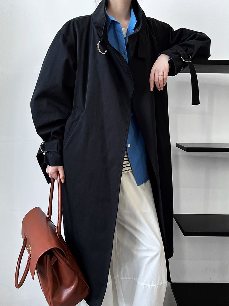 Elegant British-Style Long Trench Coat For Women – Minimalist & Luxurious Knee-Length Overcoat With Adjustable Belt, Pure Cotton, Black & Light Beige_voghion.com