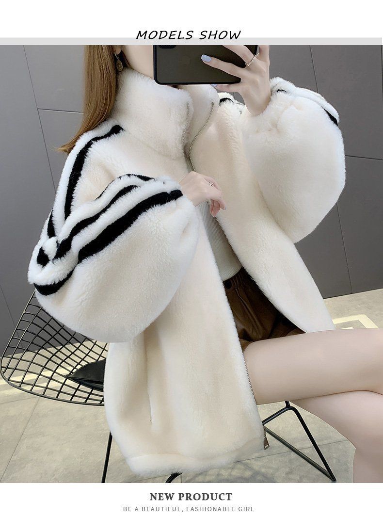 "Faux Shearling Bomber Jacket – Plush Fleece-Lined Winter Coat With Stand Collar (Black/White/Pink, S-3XL)"_voghion.com