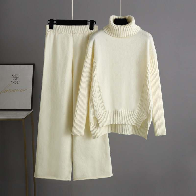 Vêtements pour femmes style paresseux pull à col roulé ample costume style occidental pour femmes pantalons à jambes larges à la mode ensemble deux pièces pour les femmes_voghion.com