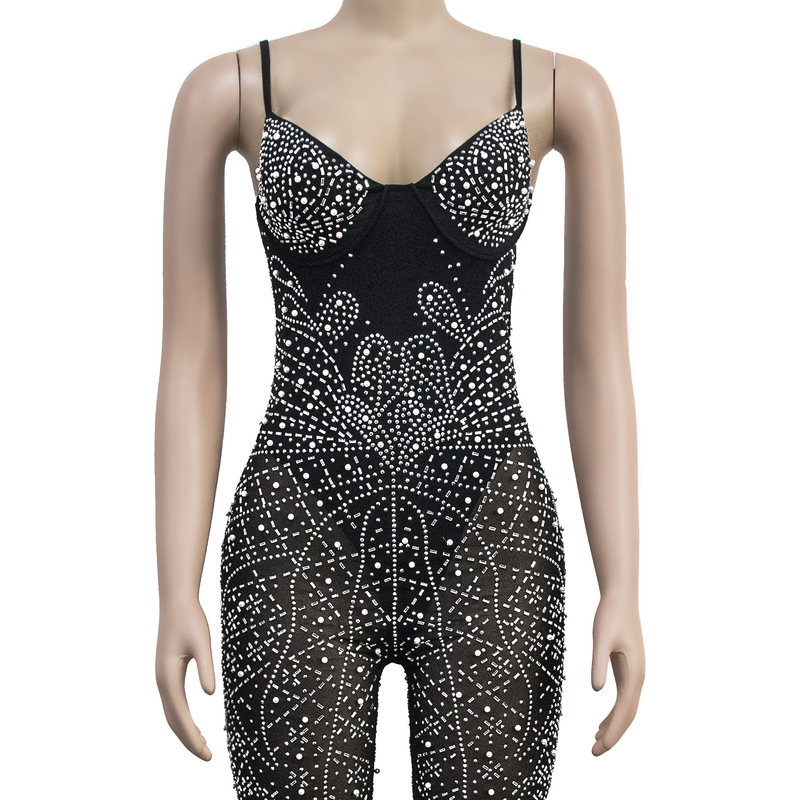 Vêtements pour femmes Mode Femmes Couleur unie Maille Hot Diamond Pantalon sans manches Combinaison_voghion.com