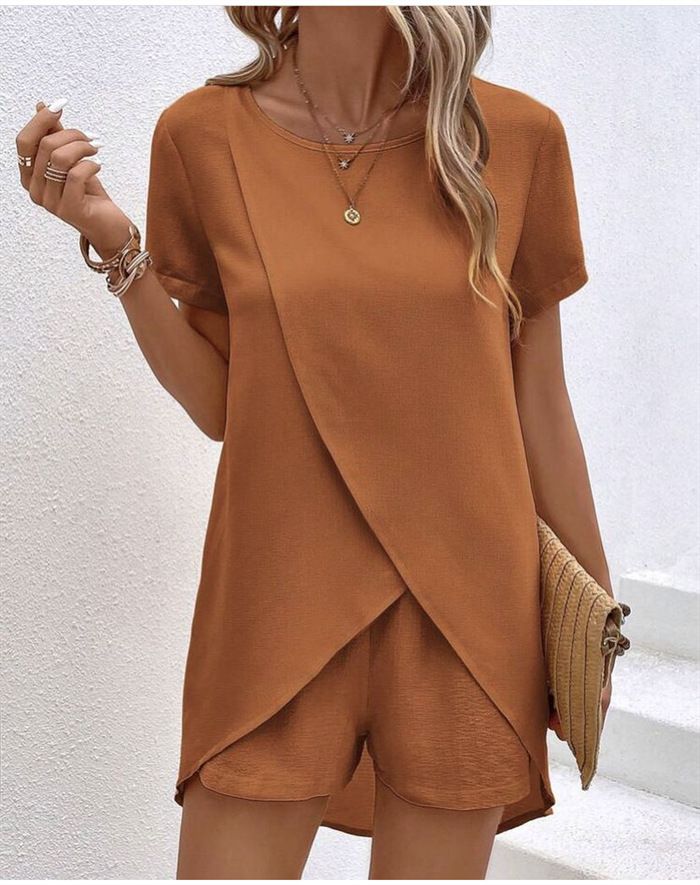 Women's spring and summer new solid color women's suit irregular top shorts two-piece suit_voghion.com
