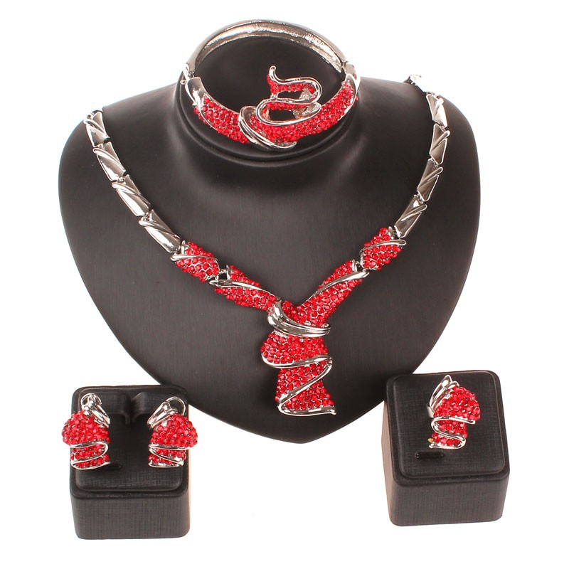 African bead for women party accessories silver plated Red Rhinestone Wedding necklace earring jewelry sets_voghion.com