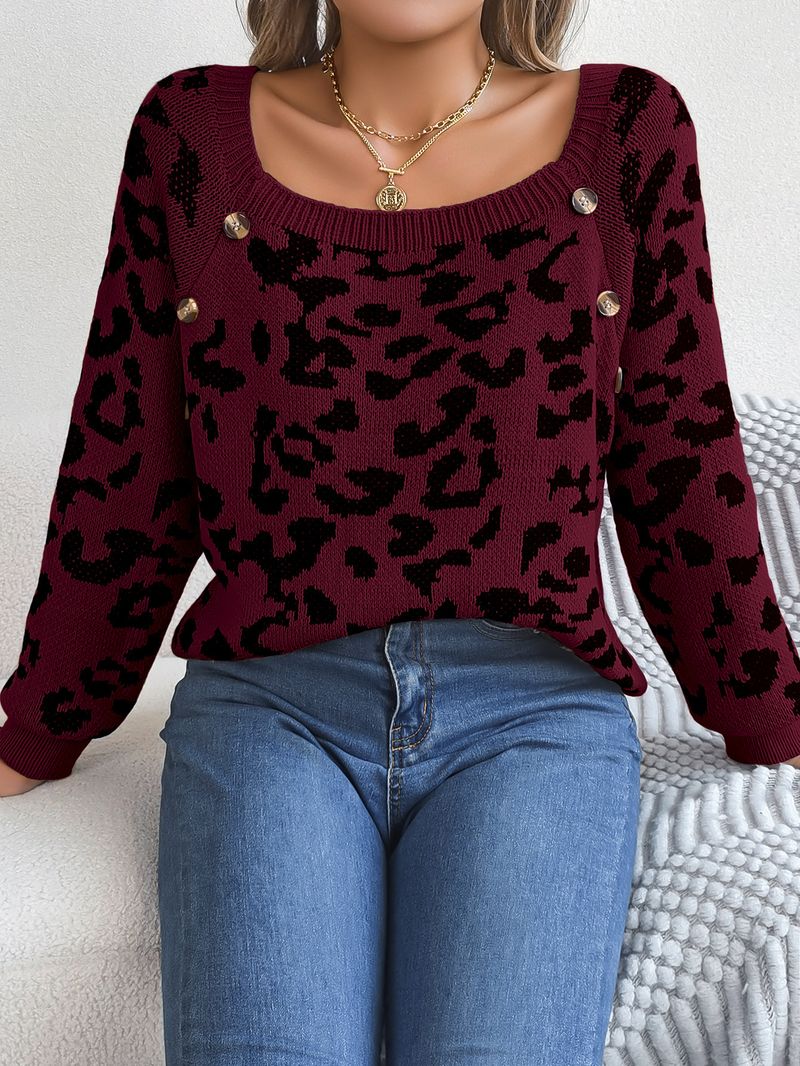 Maglione a maniche lunghe con stampa leopardata, a contrasto, con scollo quadrato, bottoni, casual, autunno e inverno 2024, abbigliamento da donna_voghion.com
