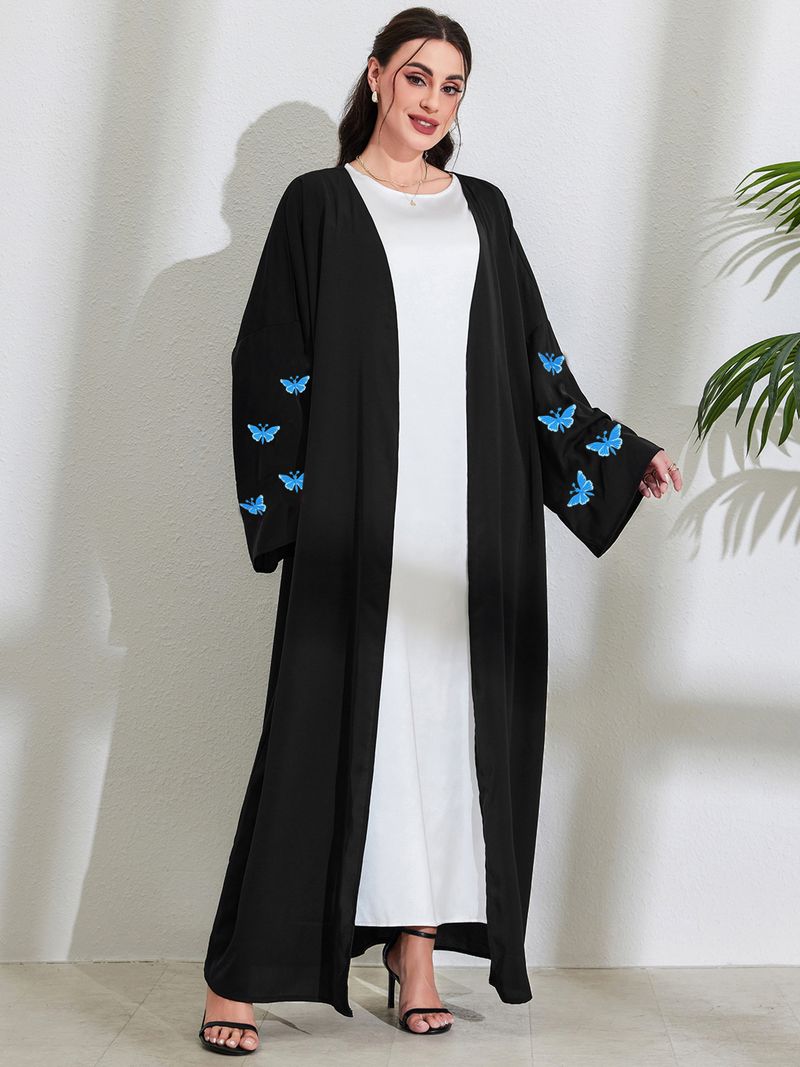 Abito lungo elegante da donna con tasca, cardigan aperto con farfalla ricamata, moda musulmana, tessuto in poliestere per il Medio Oriente_voghion.com