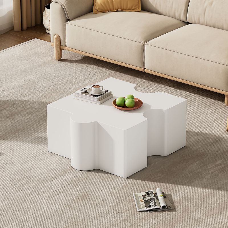 Table basse unique blanche à motif puzzle (65 x 65 x 32 cm), table basse rembourrée en MDF, table basse de salon art abstrait pour une décoration d'intérieur moderne._voghion.com