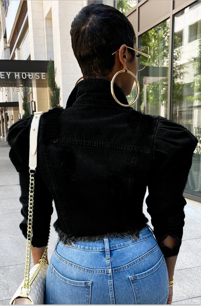 Damenbekleidung, kurze, ausgefranste Jeansjacke für Damen, Jeansjacke mit Puffärmeln_voghion.com