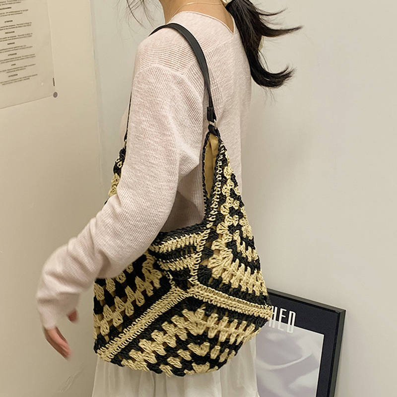 Borsa a tracolla di paglia intrecciata da donna popolare, borsa di medie dimensioni con manico per le vacanze al mare_voghion.com