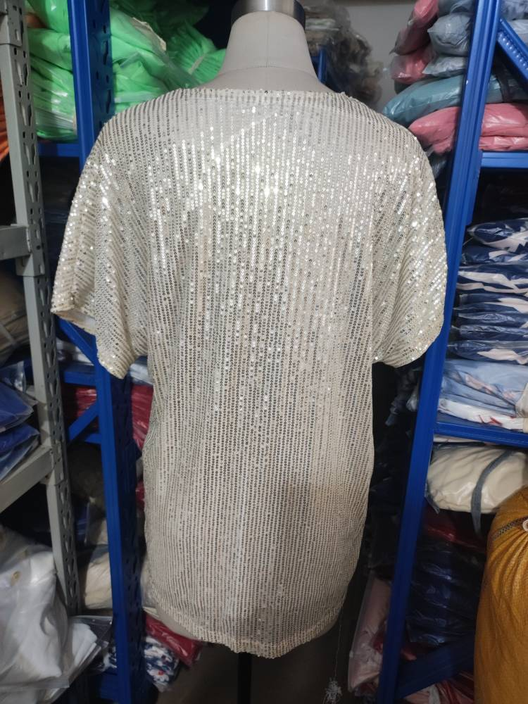 Summer Short Sleeve Urban Casual Solid Color Loose Pullover Sequin T-Shirt for Women_voghion.com