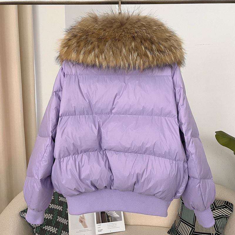 Women's Clothing Ready to stock detachable oversized raccoon fur collar winter women's short thickened white duck Warm jacket jacket flat coat coat_voghion.com