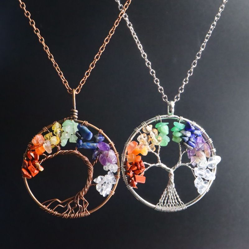 Handmade Tree Of Life Necklace - 7-Color Aura Crystal Gravel & Natural Stone Pendant_voghion.com