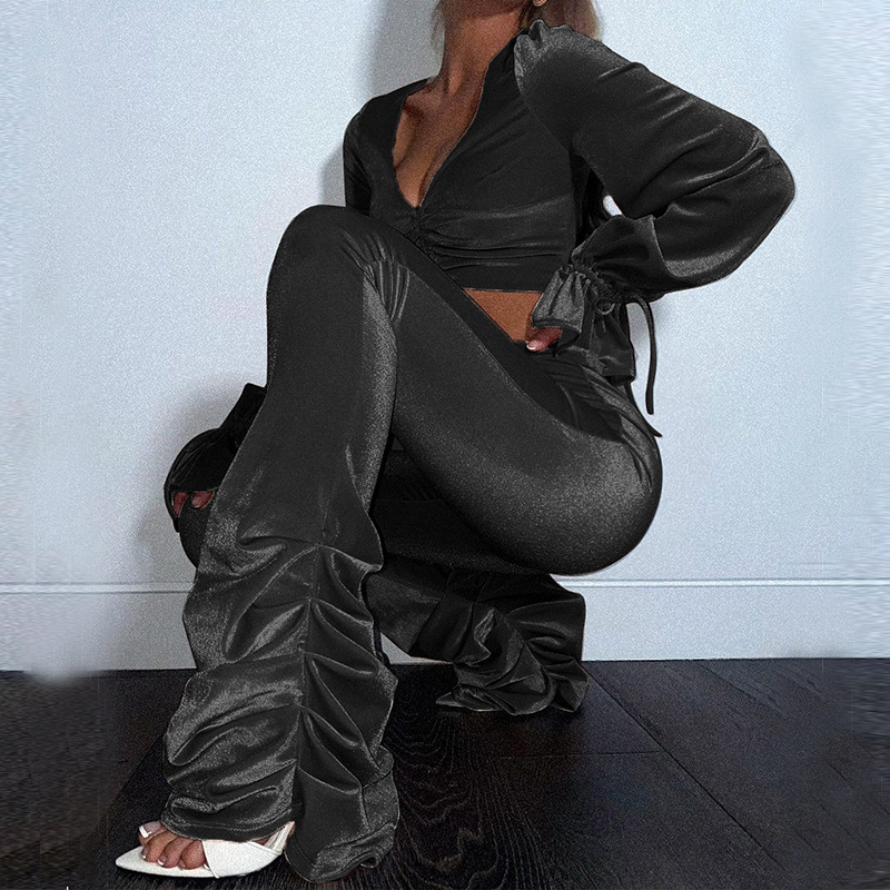 Women's Clothing autumn and winter sexy navel-baring long-sleeved top solid color micro-flared pants two-piece set_voghion.com