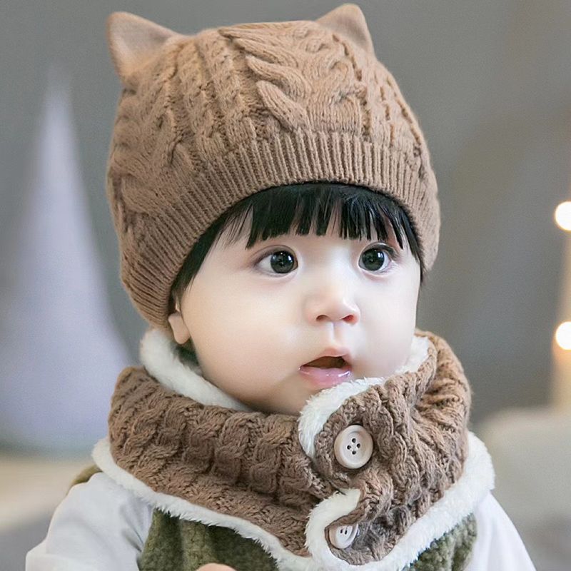 Höstvinter baby hörselskydd för barn, ylle för pojkar och flickor, integrerade halsbandsmössor, förtjockade varma mössor_voghion.com