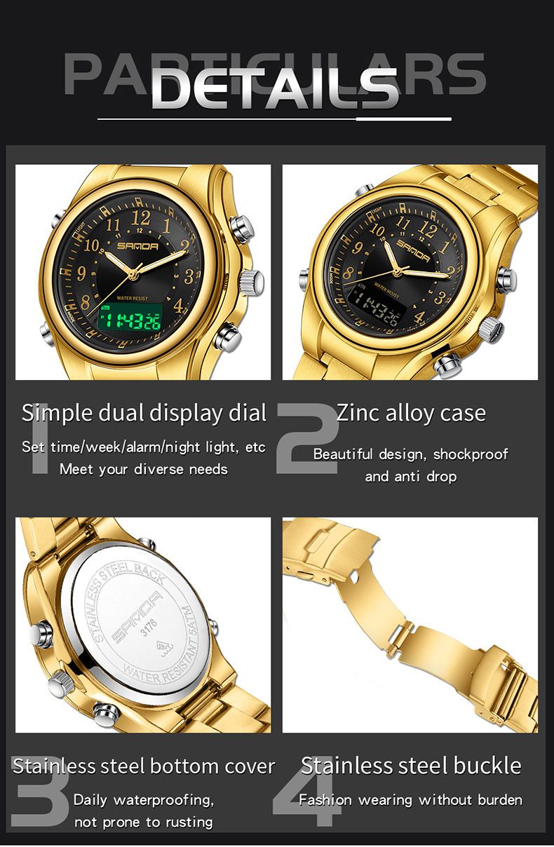 Montre à quartz pour homme à double affichage, bracelet en acier inoxydable, multifonction, lumineuse et étanche. Montre tendance et décontractée._voghion.com