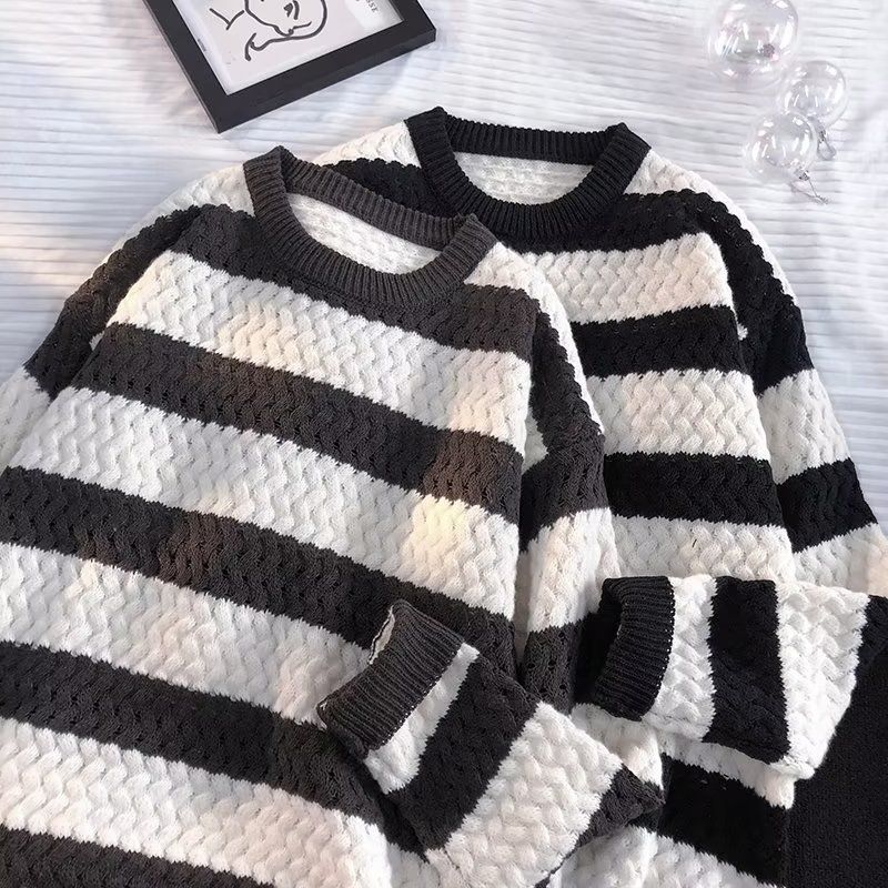 Gestreepte trui heren herfst Koreaanse stijl losse jas trendy merk winter kleurblok lange mouwen breiwerk_voghion.com