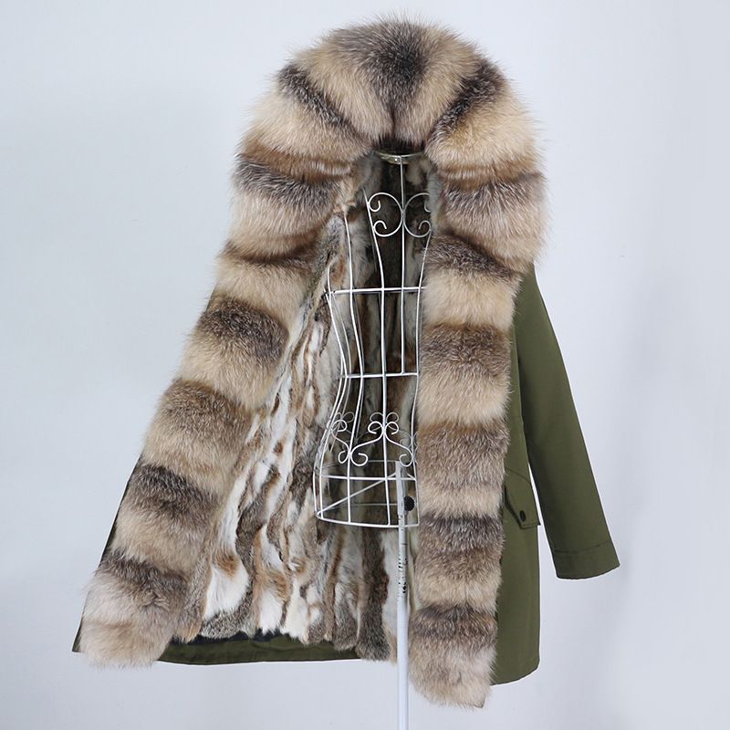 Damenbekleidung Abnehmbarer Innenmantel mit Fuchspelzkragen Mittellang Modischer warmer Kapuzenmantel_voghion.com
