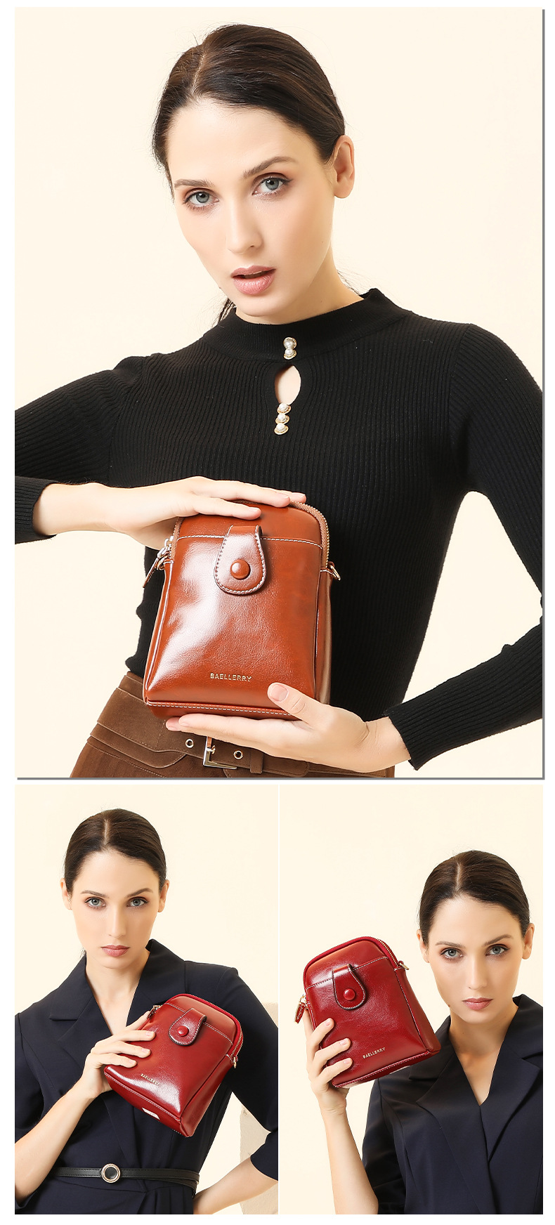 Borsa per cellulare nuova borsa a tracolla con doppia cerniera in pelle cerata da donna Baellerry versatile borsa a tracolla portamonete_voghion.com