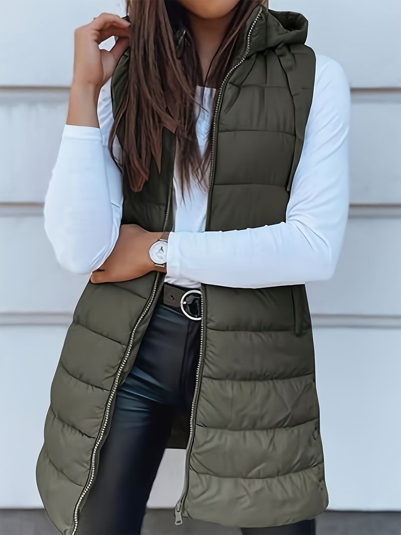 Women's Long Hooded Zip-Up Quilted Vest - Lightweight Polyester Puffer Jacket For Winter, Casual & Elegant Style_voghion.com
