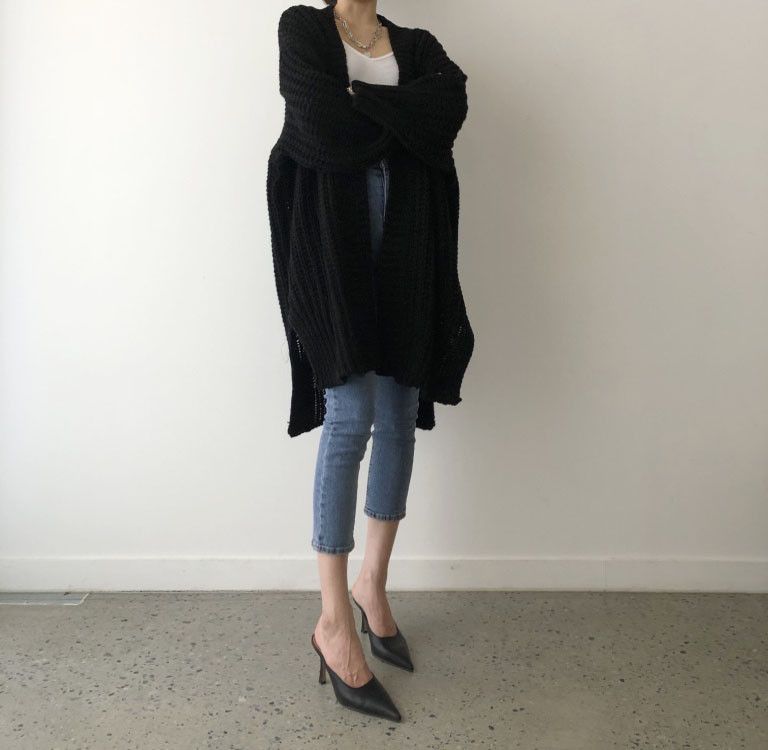 Cardigan lungo in maglia da donna - Maglione oversize con scollo a V e apertura frontale, morbido misto acrilico, vestibilità comoda, cappotto casual, blu e nero_voghion.com