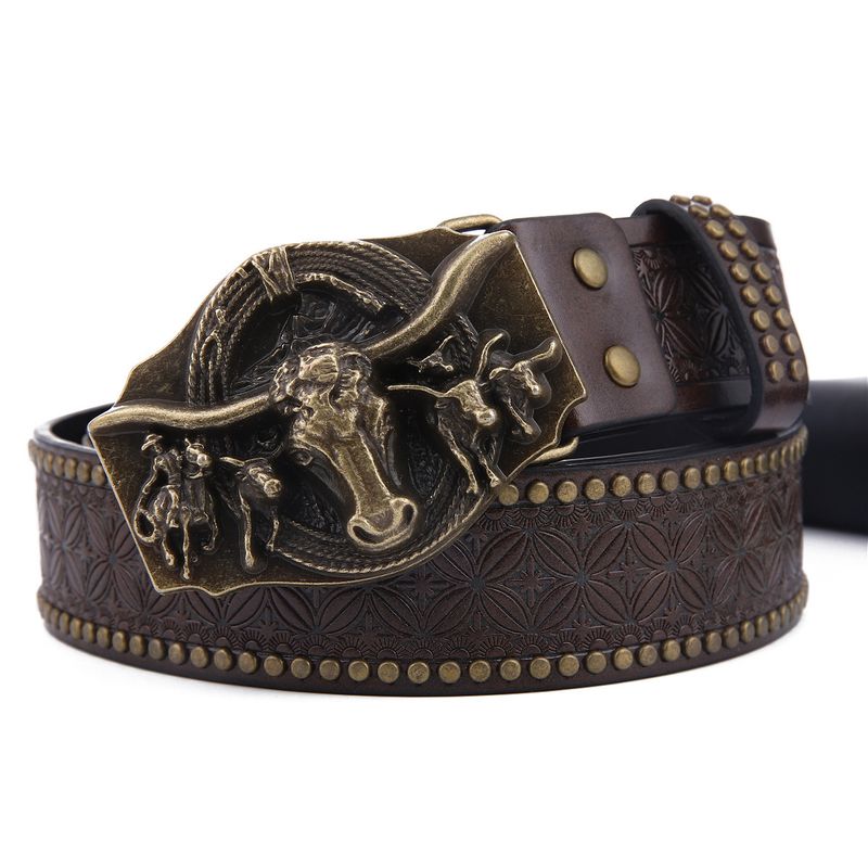 Western Cowboy Bull Head Harness Trendy Jeugd Punk Reliëf Heren Leren Riem met Studs_voghion.com