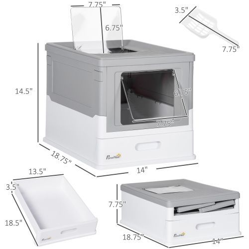 PawHut Fully Enclosed Cat Litter Box With Scoop, Hooded Cat Litter House With Drawer Type Tray, Foldable Smell Proof Cat Potty With Front Entry, Top Exit, Portable Pet Toilet With Large Space, Gray_voghion.com